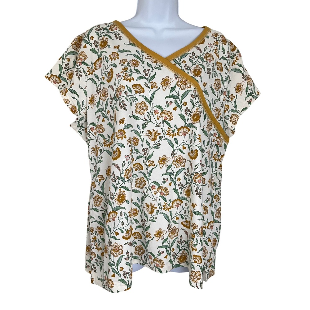 Garnet Hill Floral Wrap‎ Neck Top Women's XL Cream Mustard Yellow Organic Cotton